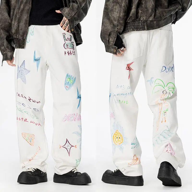 American Retro Graffiti Trendy Brand Printed Straight-Leg Versatile White Jeans Classic Trendy Oversized Men's Long Pants