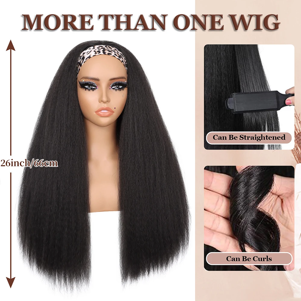 Кудрявый прямой парик с повязкой на голову для женщин, прямые парики яки с черной повязкой на голову, синтетические волосы, легко стираются, без кружева спереди