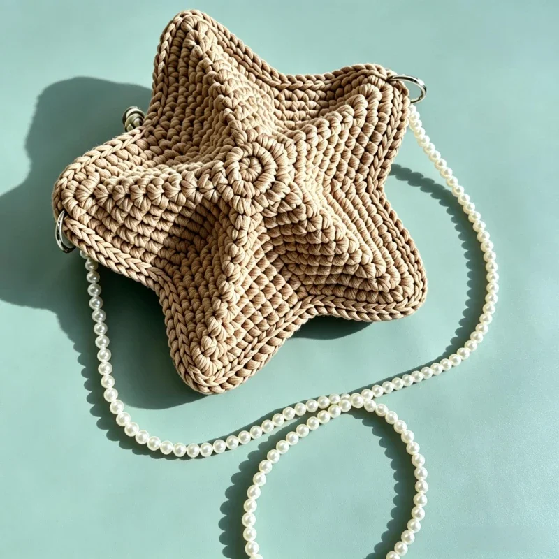 Star-shaped Pearl Chain Handmade Knitted Yarn Crossbody Shoulder Bag,Women Solid Color Messenger Bag,Lightweight Weave Sling Bag
