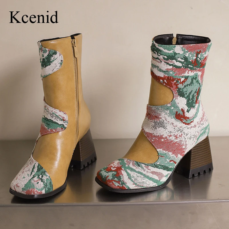 

Kcenid Big Size 35-50 Women Square Toe Short Boots Fashion Splicing Winter Square Heel Ankle Boots Casual High Heels Shoes