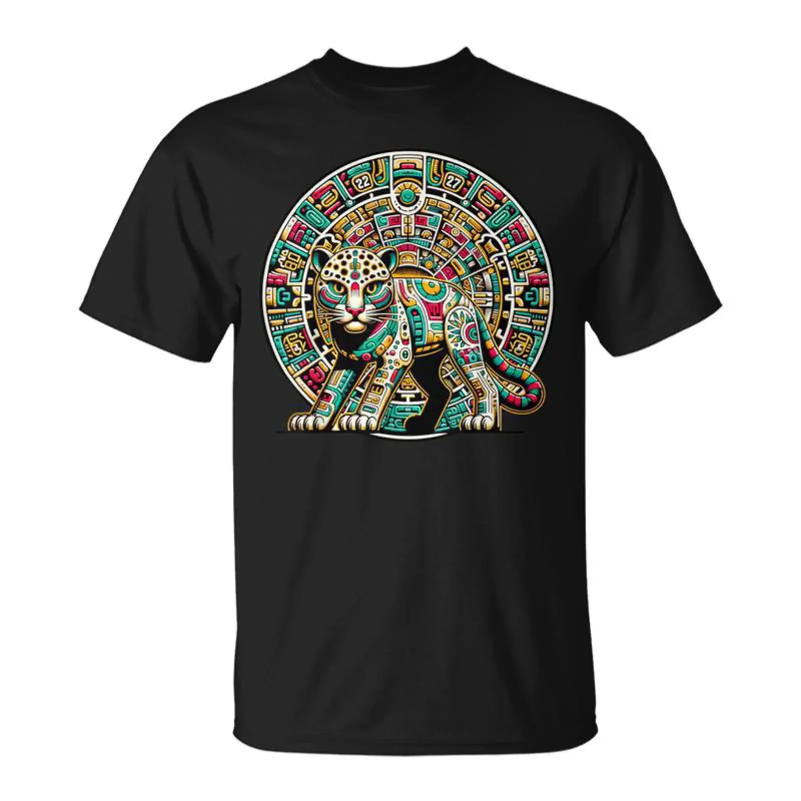 Aztec God Tezcatlipoca And Leopard With The Mayan Calendar T Shirt Monsterry vintage Washed Unisex graphic Stretched