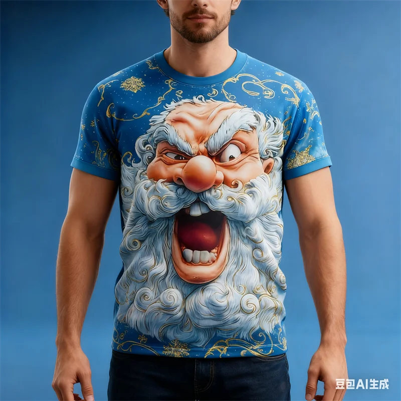 

Angry Santa Claus Printed T-shirt For Men 3D Christmas Edition Crew Neck Short Sleeve Tops Funny New Year Party Pullover Tees