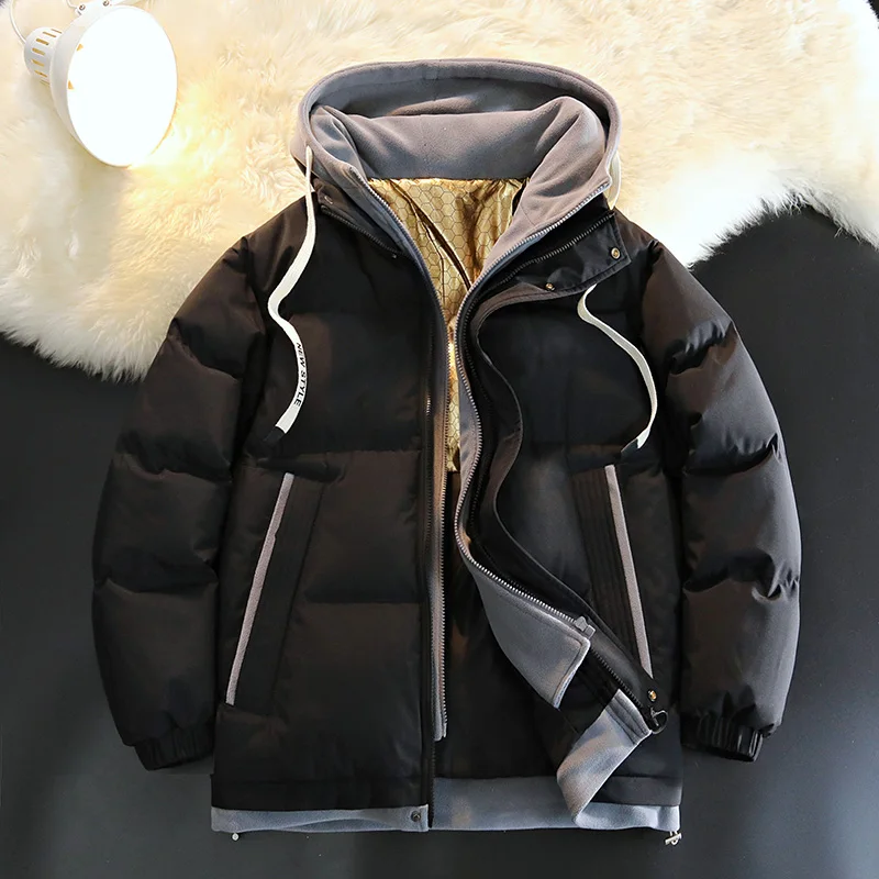 Winter Black Fake Two Piece Hooded Puffer Jacket For Men Heat Reflective Inner Thick Coat Side Zipper Pockets For Daily F1017