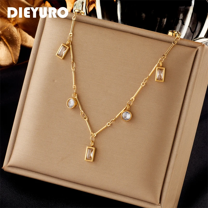 DIEYURO 316L Stainless Steel Geometric Square Round White Zircon Pendant Necklace For Women Fashion Choker Chain Jewelry Gifts