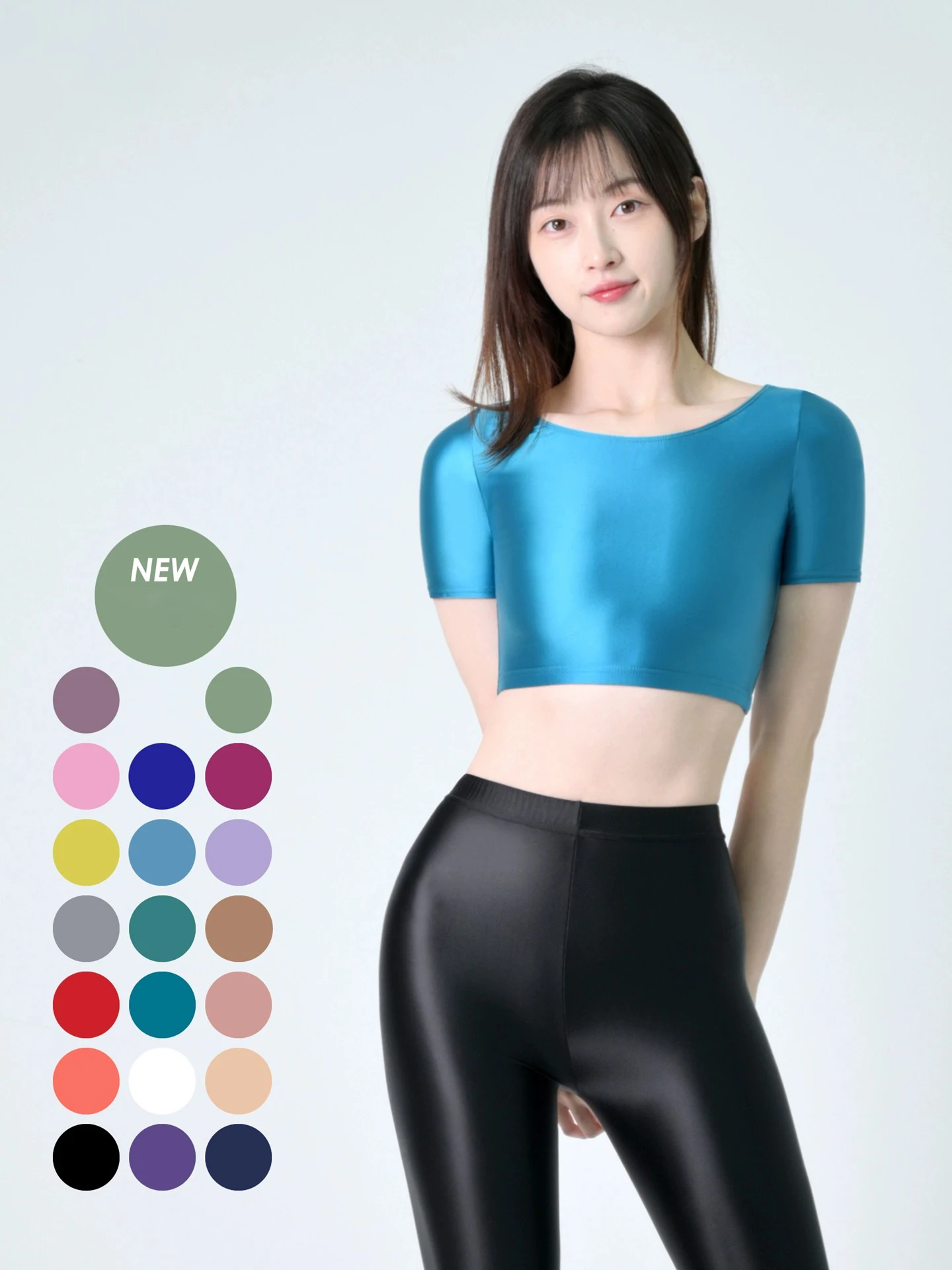 글로시한 여름 여성용 섹시한 숏 타이츠 긴 소매 반짝이는 기본 셔츠 수영복 하이넥 티셔츠