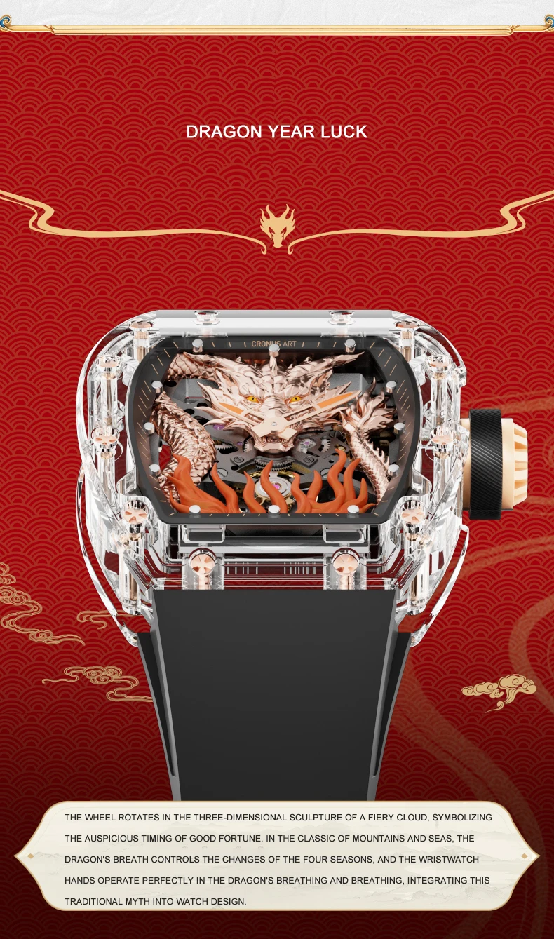 CRONUSART ساعة أوتوماتيكية للرجال 50 مللي متر * 42 مللي متر Tonneau ساعة اليد الميكانيكية علبة أكريليك مضيئة فلوروروبر حزام التنين الهاتفي