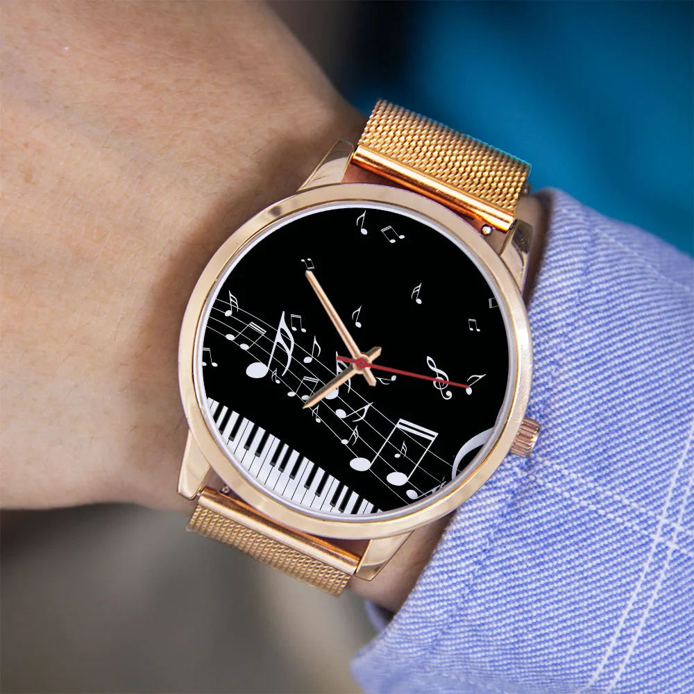 Custom 45/38 mm Black Man Colok Piano Keys Musical Note Rose Gold Watches Souvenir Silver Belt Universal for Men and Women Gift