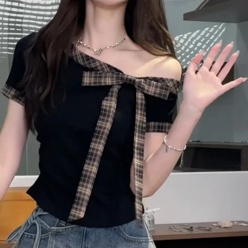 Sweet Style Patchwork Striped Bow-tie Short-sleeved T-shirt for Women, Summer Slim-fit Top