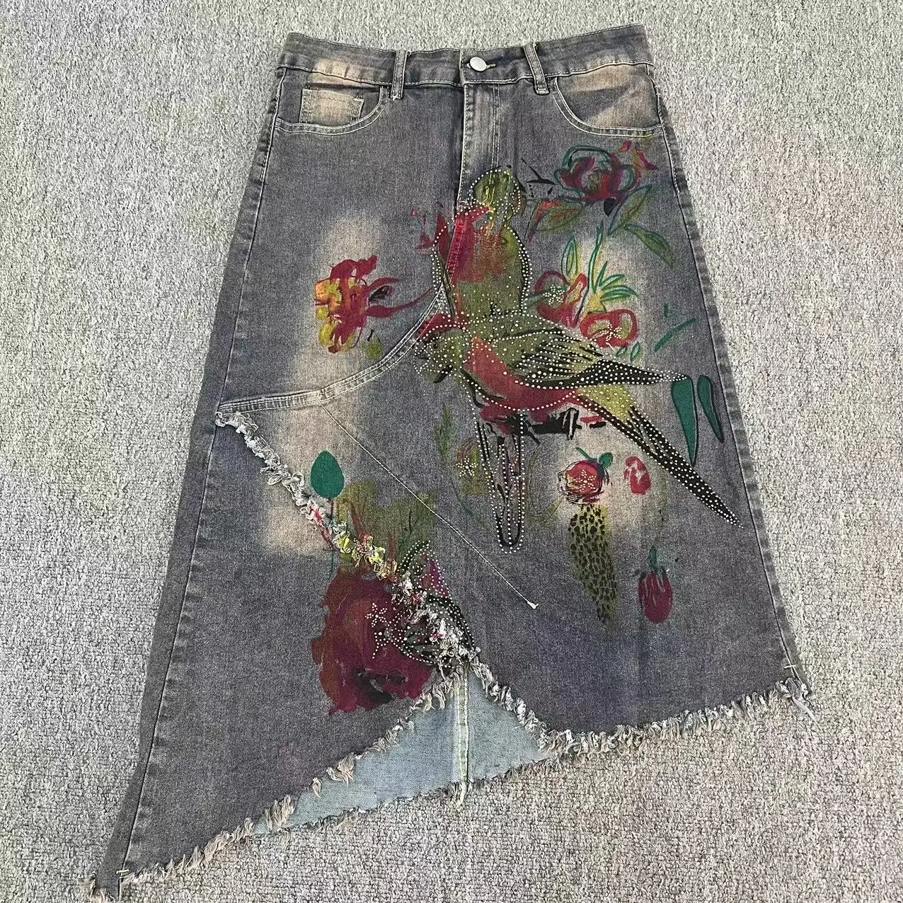 2024 Summer New Denim Skirt Female Furred Edge Printed Irregular Denim A-line Package Hip Denim Skirt Jupe Fleurie Femme Été