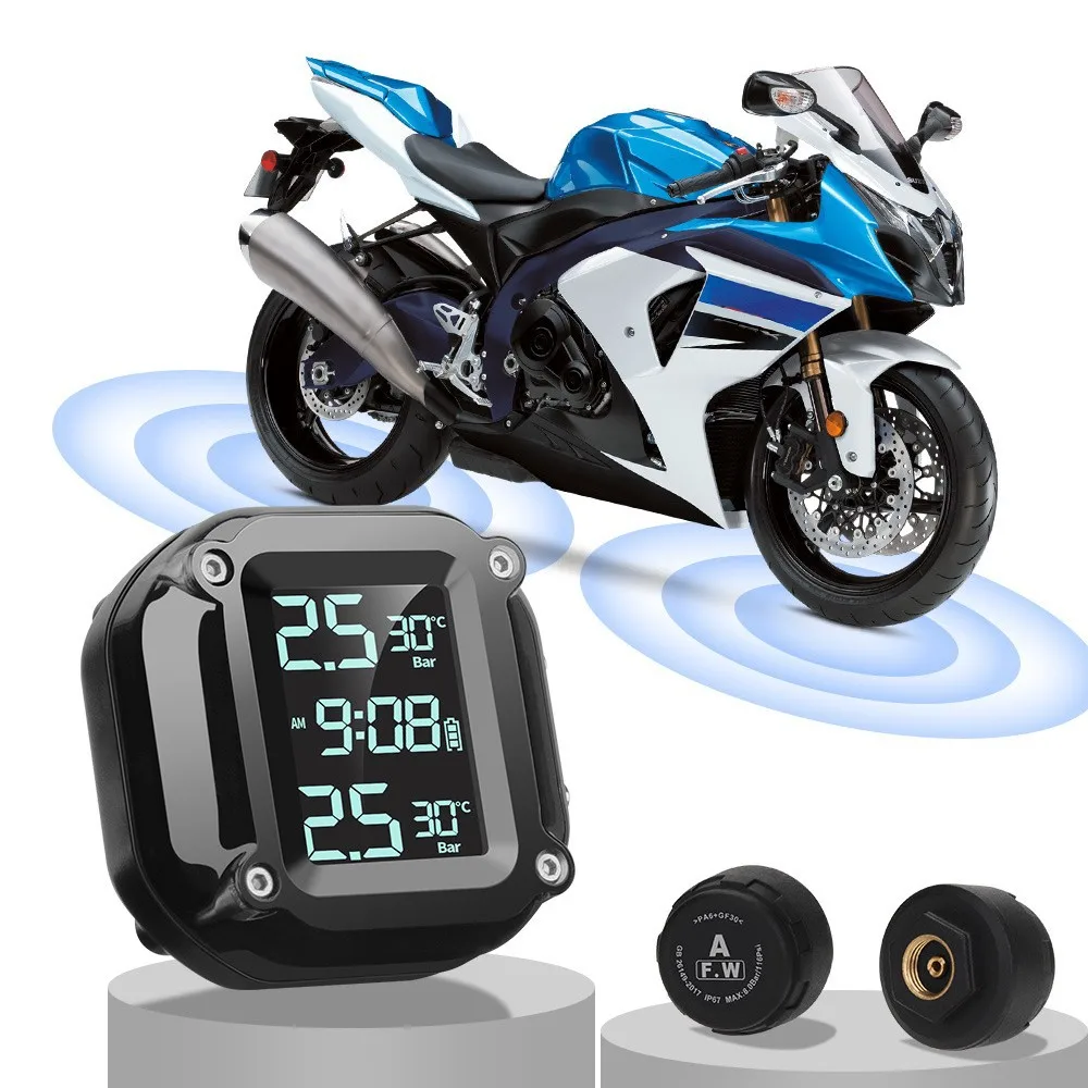 Motorcycle TPMS Tire Pressure Monitor with Clock Display External Sensor Magnetic Charging Waterproof Handlebar Mount for Two