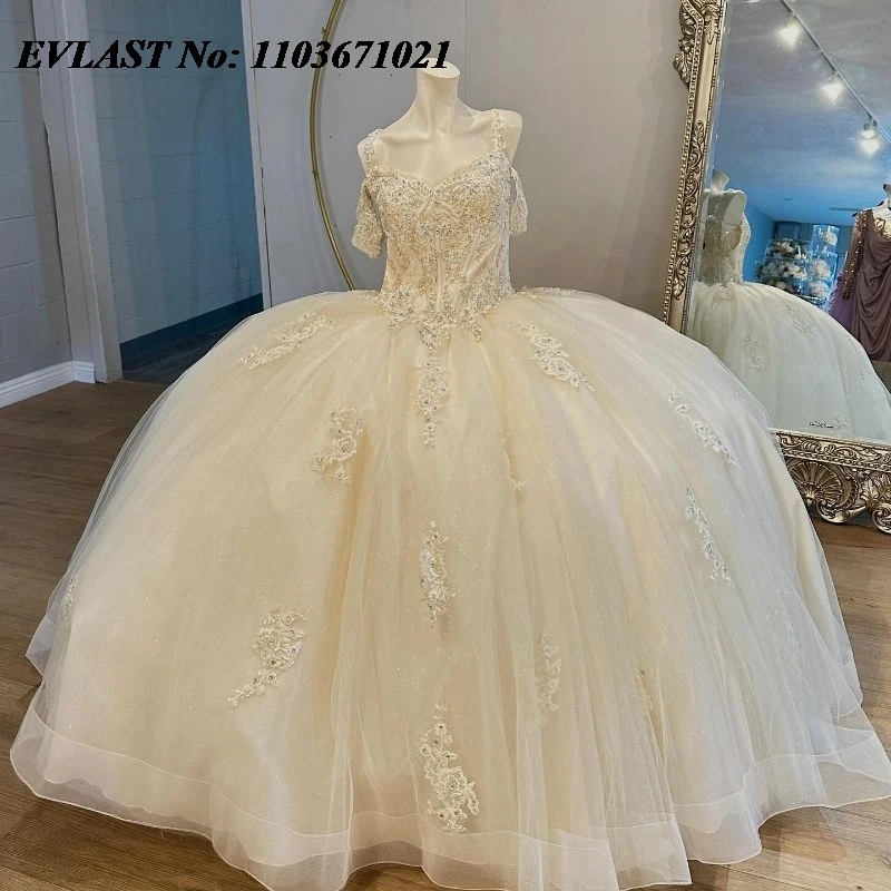 EVLAST Customized Champagne Quinceanera Dress Ball Gown Lace Applique Beading Mexico Corset Sweet 16 Vestidos De 15 Anos SQ169