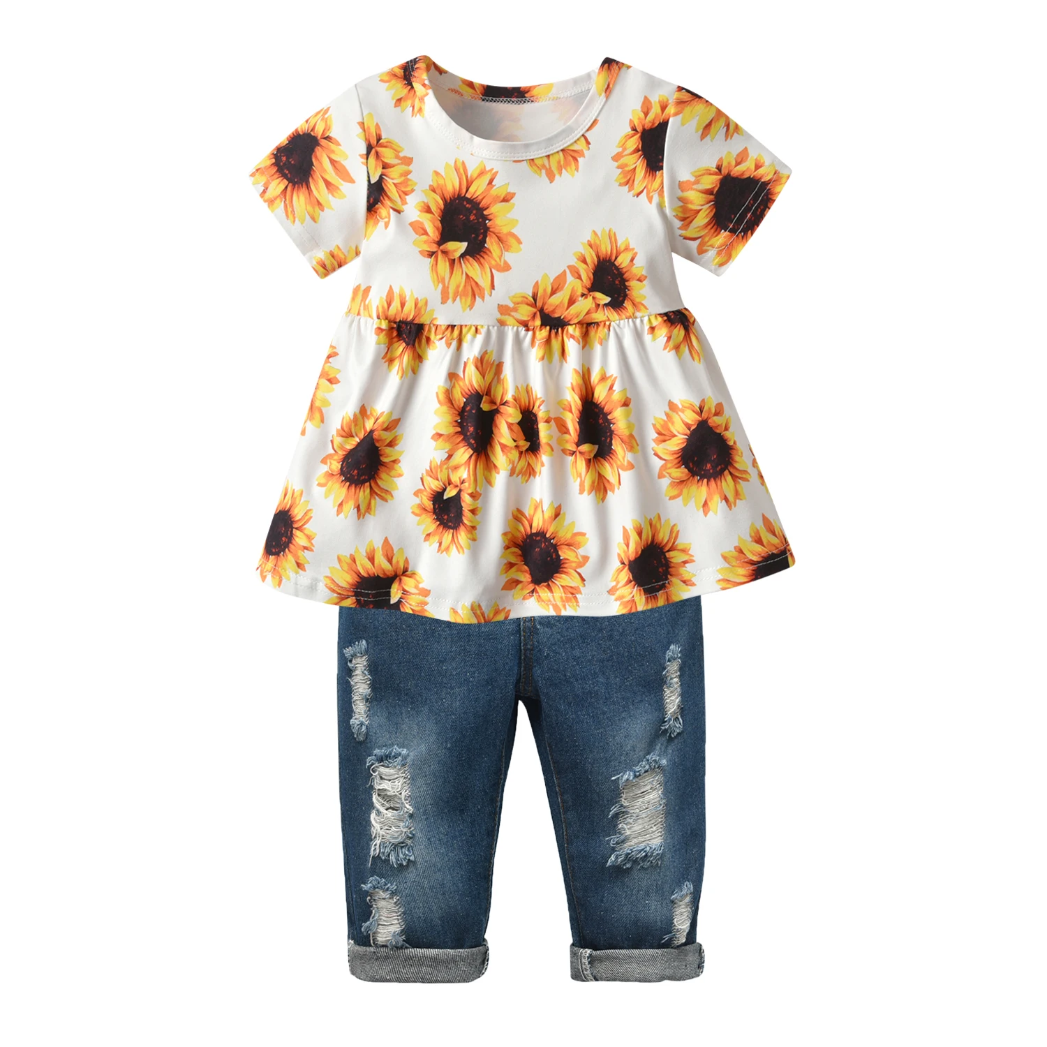 Children Girls Summer Outfits Clothes Set Kids Girl Thin Cotton Short Sleeve T-Shirt with Floral Printed + Long Pants Clothing