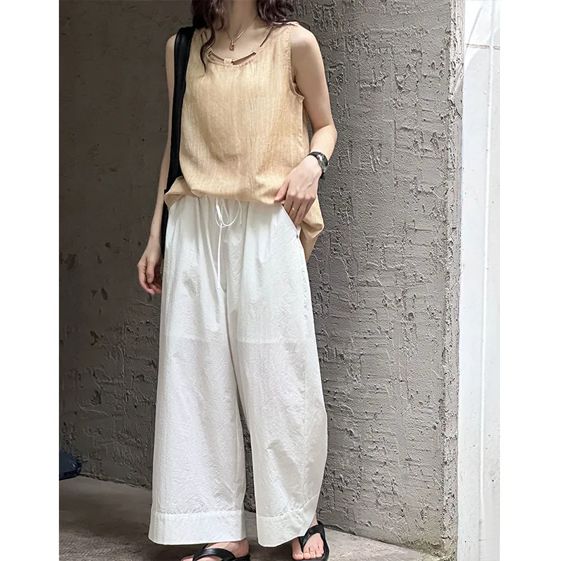 2025 Spring and Summer Loose Wide-leg Pants Retro Straight Casual High-waisted Elastic Trousers