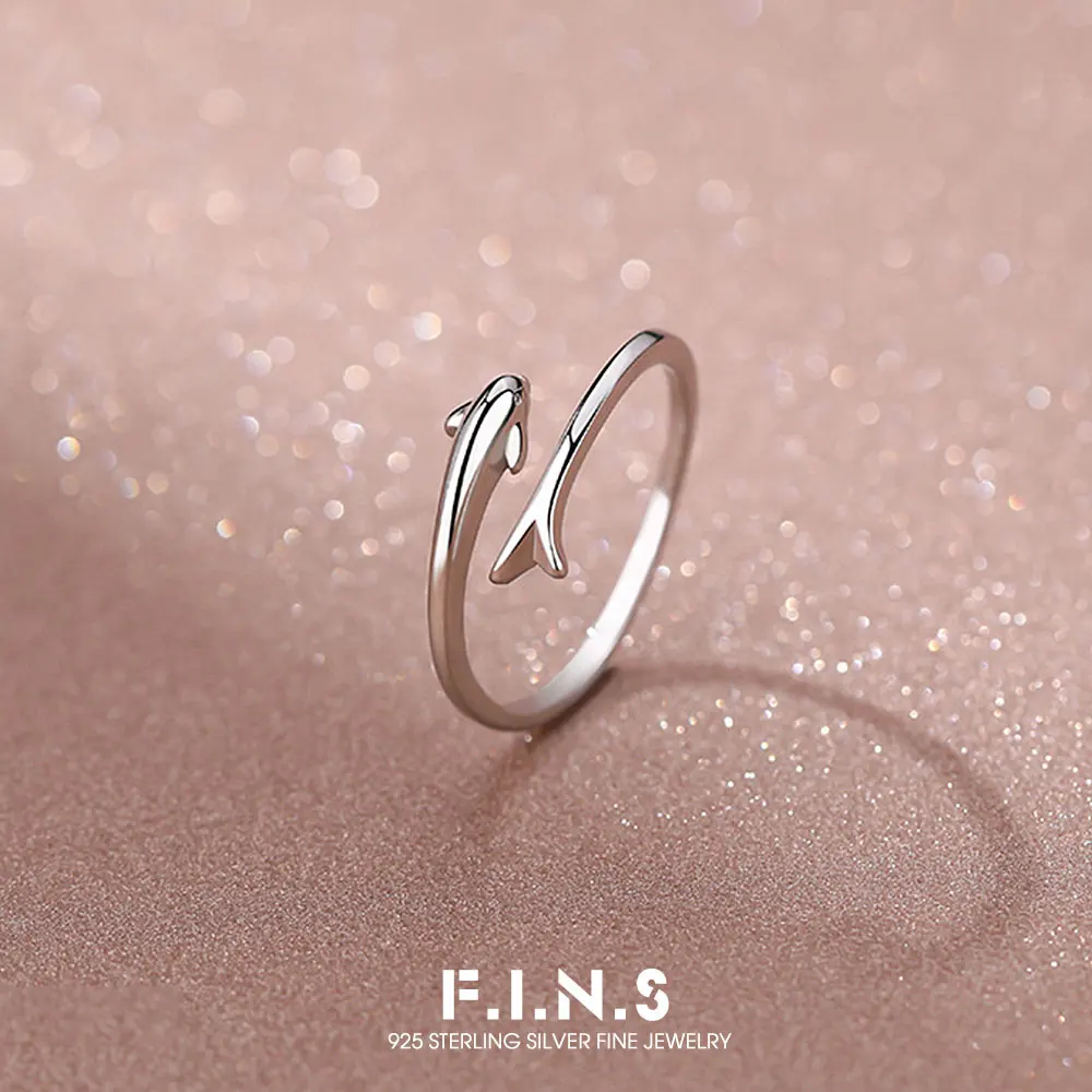 

F.I.N.S Charming 925 Sterling Silver Dolphin Open Ring Korean Cute Minimalist Adjustable Slim Index Mid Finger Fine Jewelry Gift