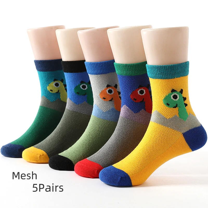 Children's Socks Boys' Summer Thin Pure Cotton Mid Tube Cartoon Kids Baby Breathable Mesh Socks 3-15 Years 5 Pairs/Lot