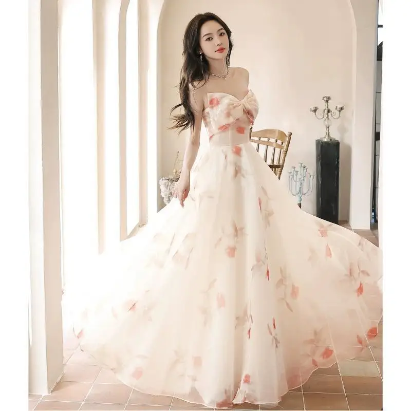 Bow Strapless Light Luxury Printed Evening Dress French Temperament Super Fairy Light Gauze Performance Prom Dresses 2024 New