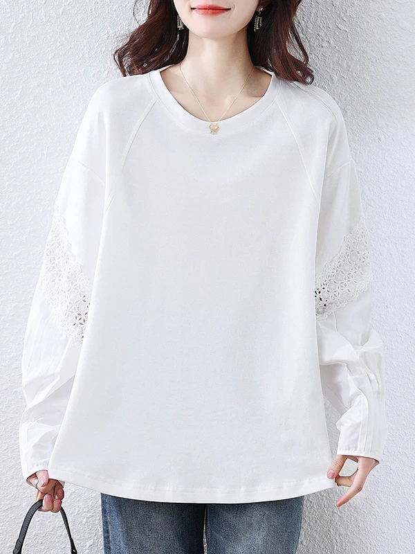 Hoodie Wanita Model Lace Splicing, Longgar, Bahan Katun Nyaman, Cocok untuk Musim Gugur, Model Kasual, Fit Longgar, Atasan Baju Kaos