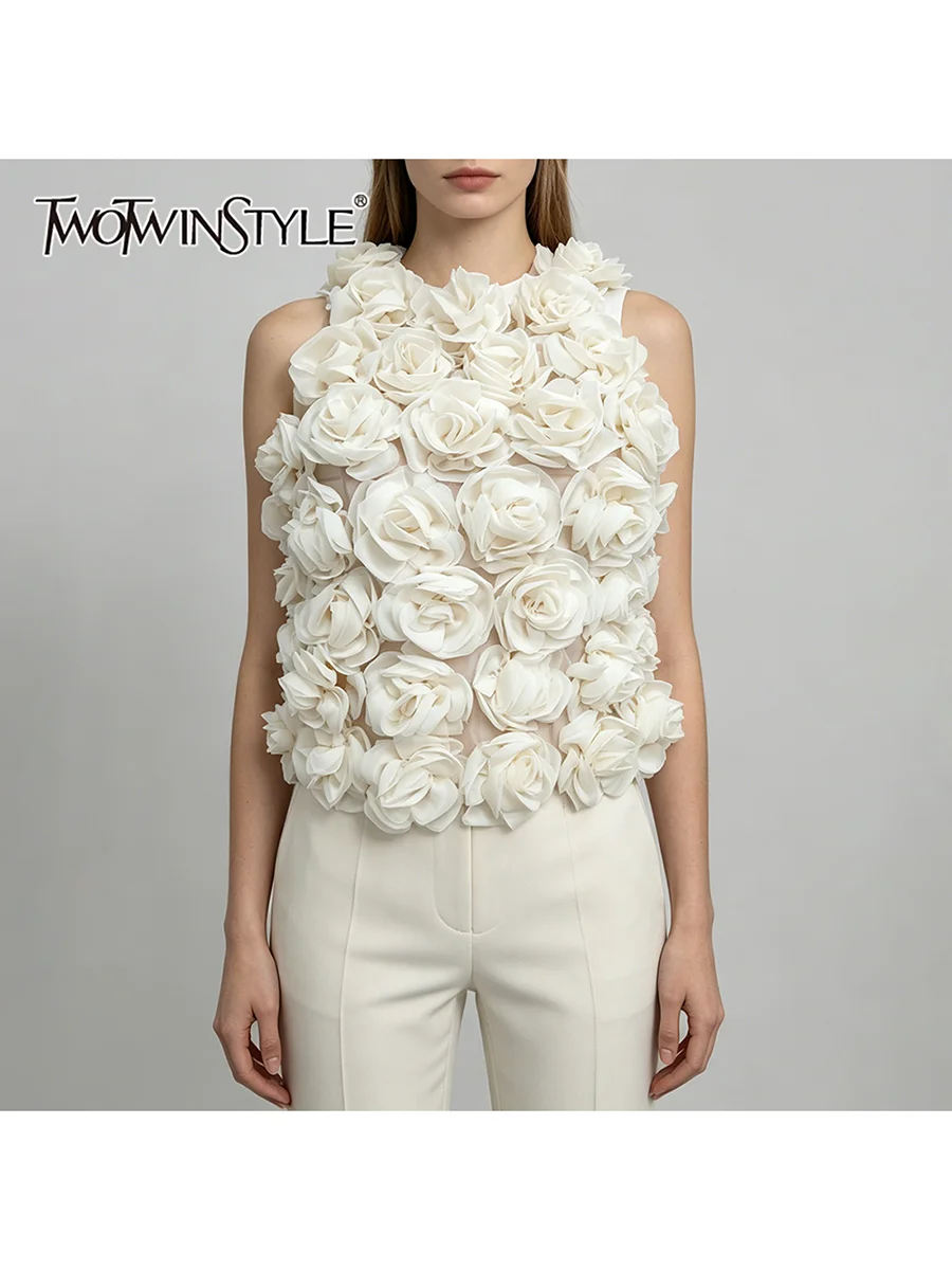 TWOTWINSTYLE Patchwork Florals Vests for Women O Neck Sleeveless Tunic Slimming Pullover Tank Top Female Fashion Clothing 2026
