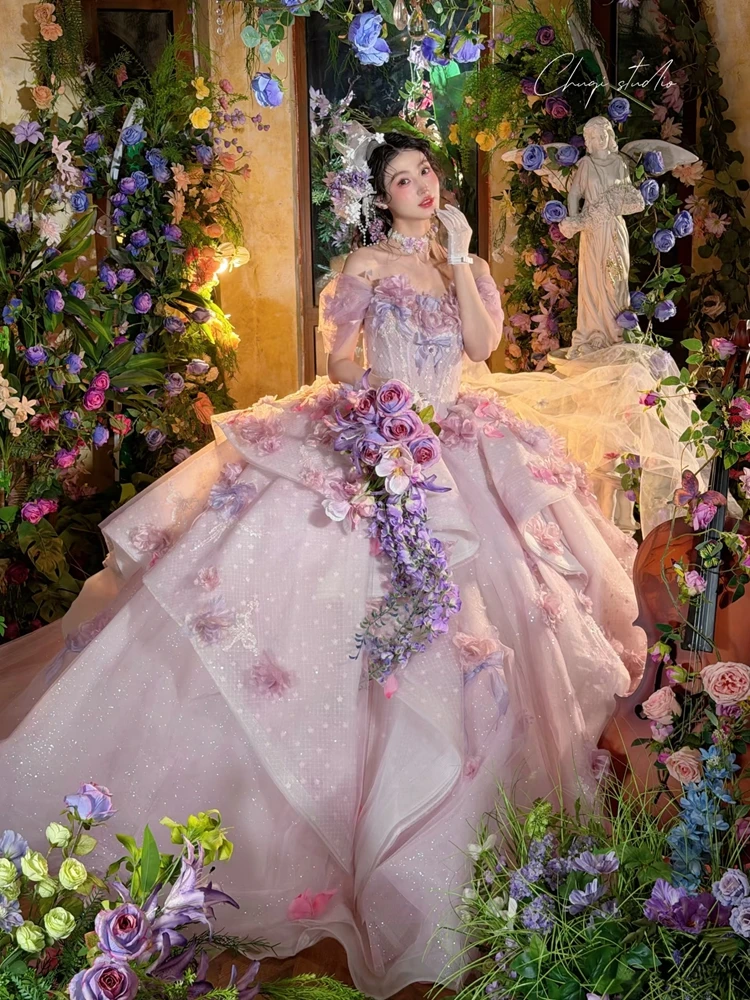 

Dreamy Fairy One-Shoulder Tulle Pink Purple Flower Wedding Dress Heavy Embroidery Train Dress Studio Photography The...