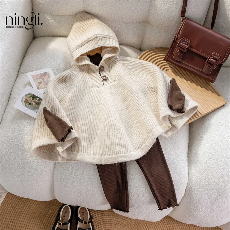 Childrens Hooded Cloak Babys Windproof Cardigan for Going Out Fashionable Knitted Cape Childrens Woolen Sweater Jacket