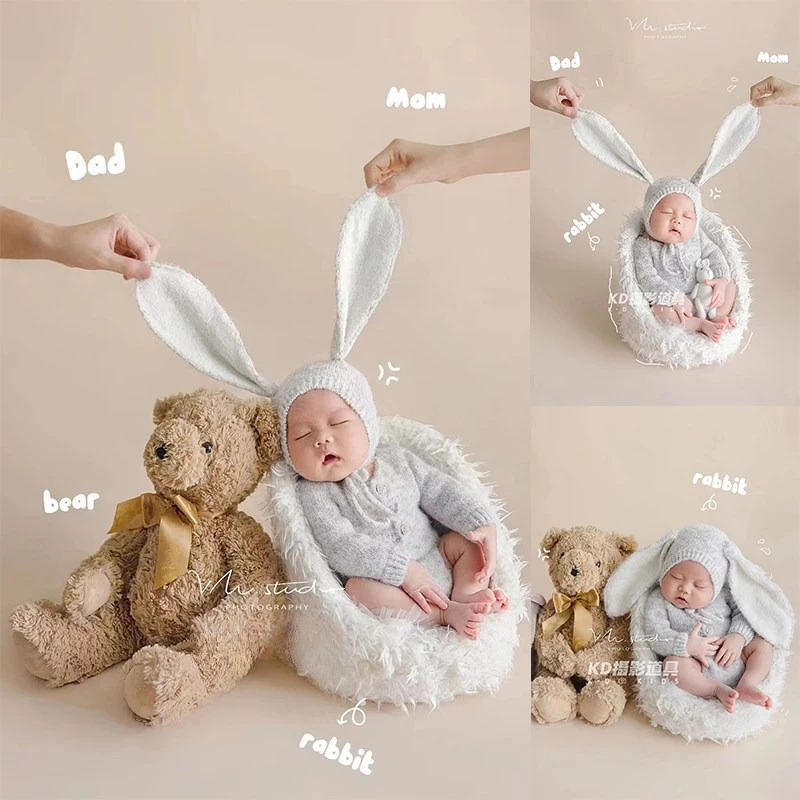 Newborn Photography Props Cute Bunny Outfit with Long Ear Hat and Handmade Knitted Rabbit Doll Carrot Set for Studio Photoshoot