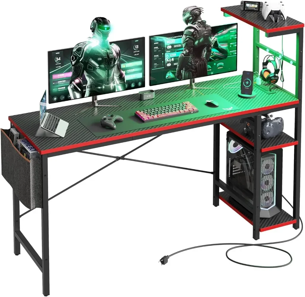 Gaming Desk with Power Outlets, 61 Inch Large Led Gamer Desk with 4 Tiers Reversible Shelves, PC Gaming Table with Headset Hook