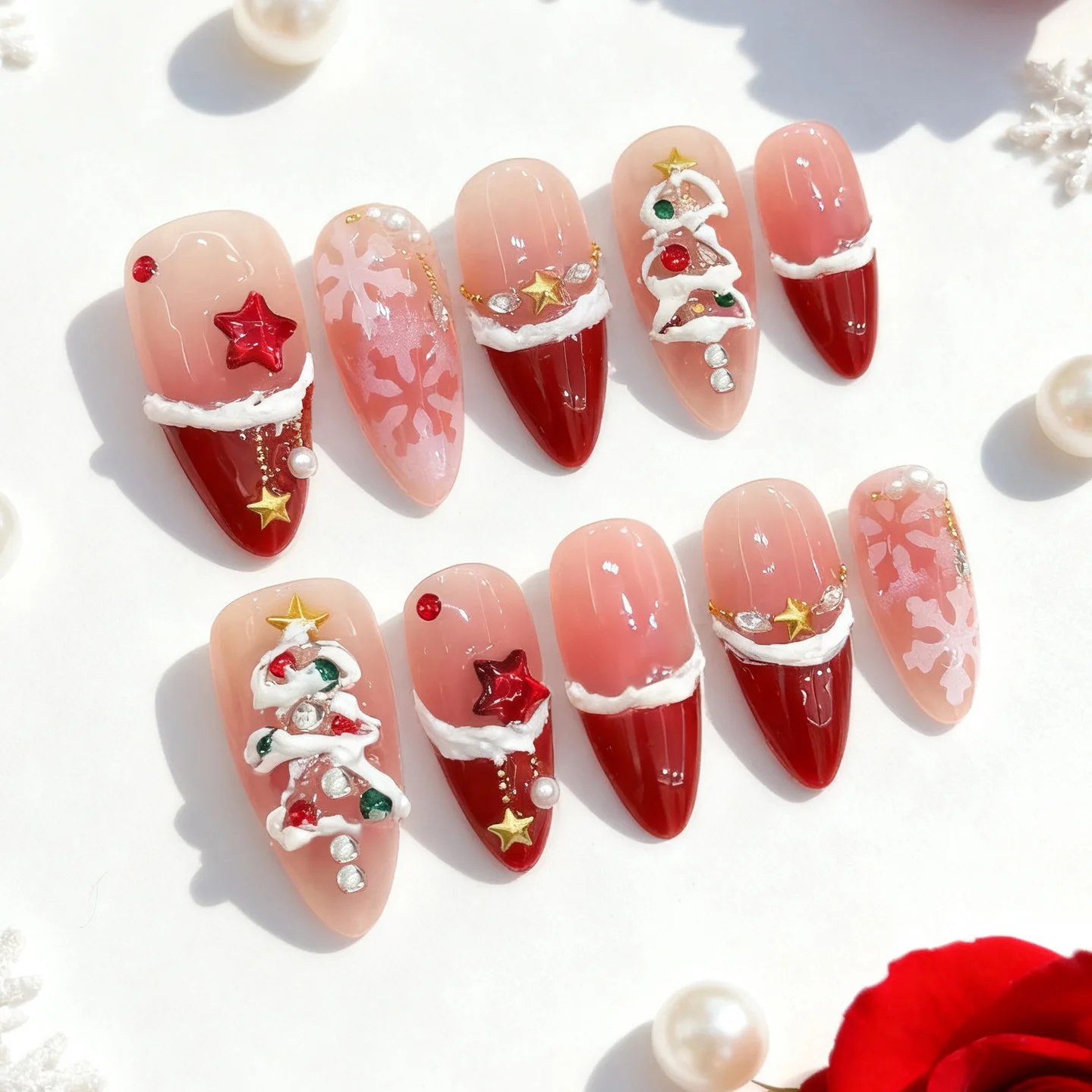 24Pcs Christmas Mid-length Almond Fake Nail Acrylic Full Cover Golden Snowflake Bow Nail Set Press on Red Gradient False Nails