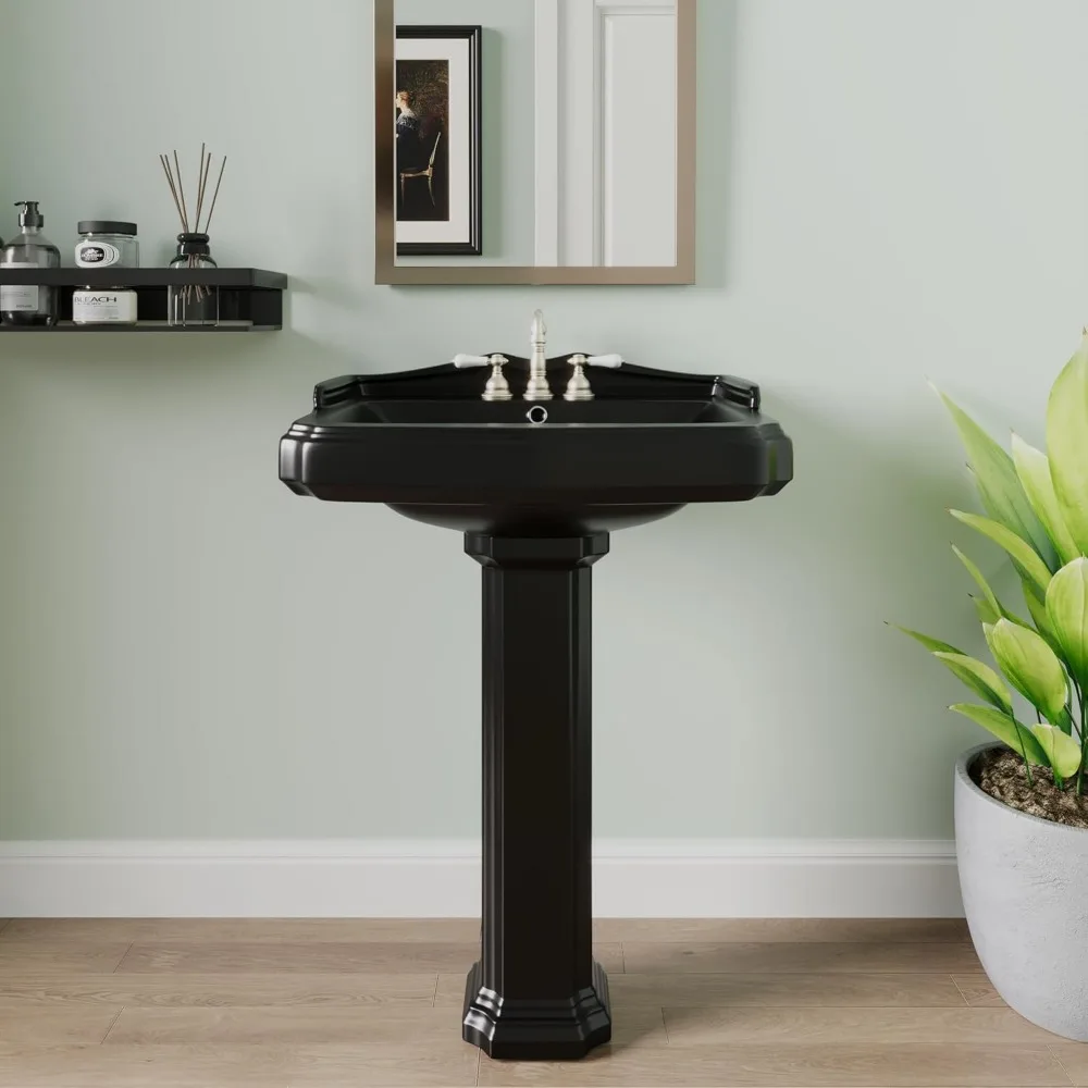 

23" x 19" Inch Black Pedestal Sink Combo, Ceramic Pedestal Sink for Bathroom, with Overflow Hole & 3 Faucet Holes