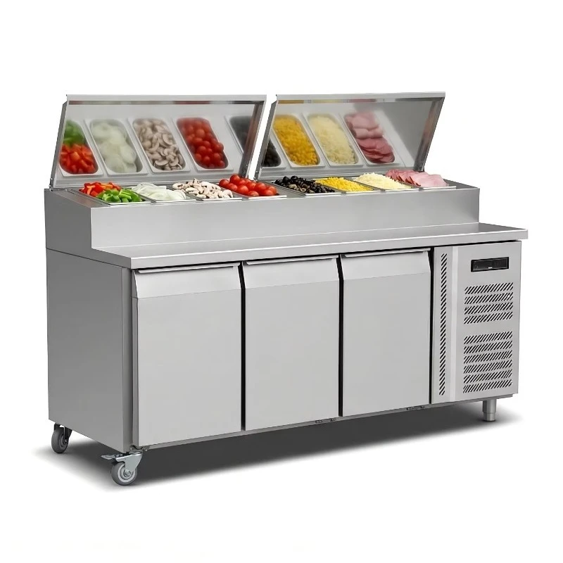 OEM ODM Counter Fridge Pizza Prep 3 Door Stainless Steel Pizza Prep Table Refrigerator for Commercial Kitchen