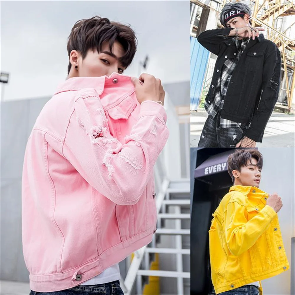 2022 Fashion Mens Denim Jackets Slim Fit Mens Jeans Jacket Cotton Outwear Coat Long Sleeve Hole Male Clothing pink yellow black