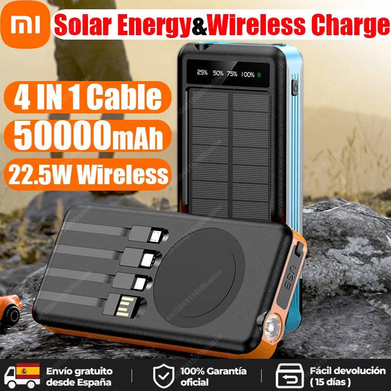 Xiaomi 50000 мАч аккумулятор на солнечной батарее, беспроводная быстрая зарядка, большая емкость, мобильное питание, два USB, 4 кабеля для iPhone Samsung Xiaomi 50000 мАч аккумулятор на солнечной батарее, беспроводная быстрая зарядка, большая емкость, мобильное питание, два USB, 4 кабеля для iPhone Samsung
