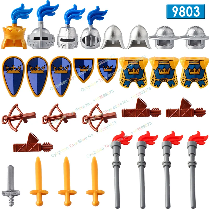 Medieval Knight Blue Crown Knight Accessories Shield Spear Armor Building Block bricks Mini Action Figure Chilldren Toy AX9803