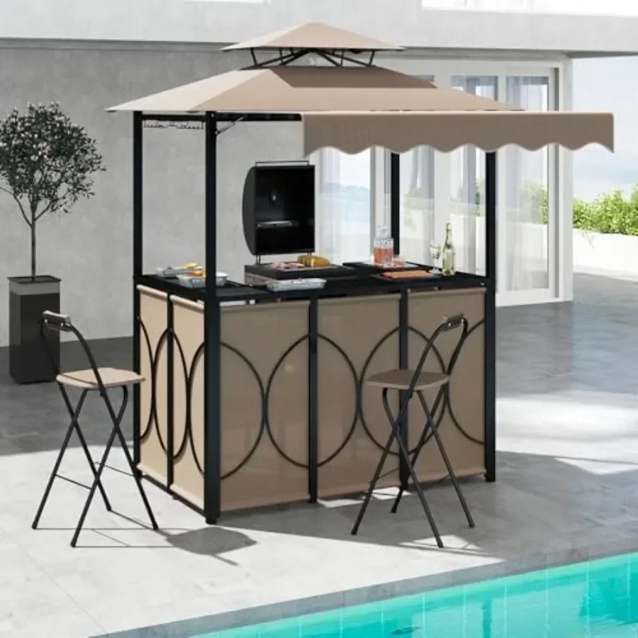 3 Pcs Patio Bar Set Grill Gazebo 2 Foldable Bar Stools with Awning Metal Storage Shelves Glass Holders Double-Tier Outdoor Shel