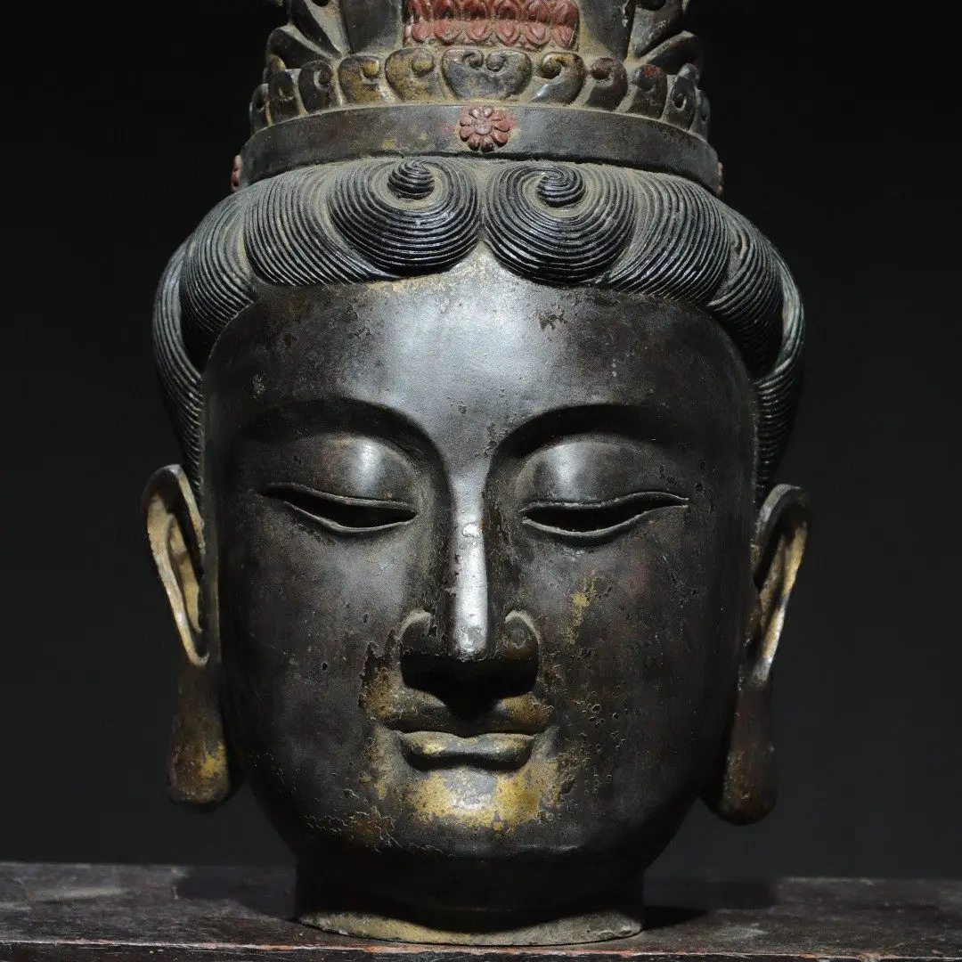 Tibetan Old Copper Gold Plated Guanyin Buddha Head Bust Home Altar Desk Vintage Collectible Decor