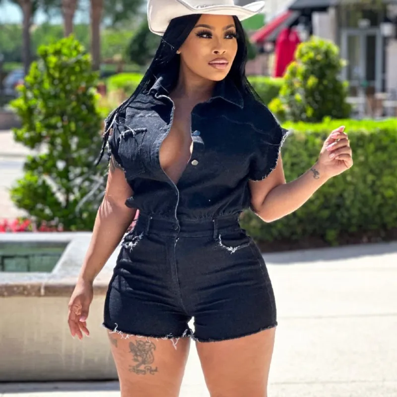 

Лето 2025 г., женский сексуальный эластичный джинсовый комбинезон с короткими рукавами и короткой юбкой с высокой талией, легкий дышащий черный джинсовый комбинезон