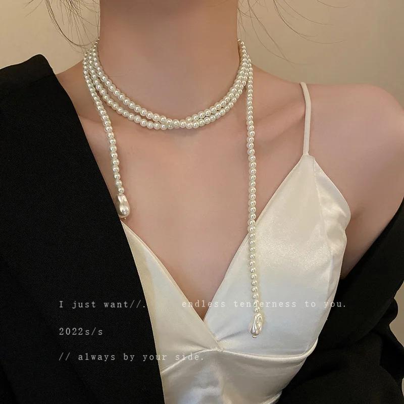 

Retro Long Section Pearl Necklace Korea Simple Temperament Design Collarbone Chain Net Red Personality New Pendant Necklace