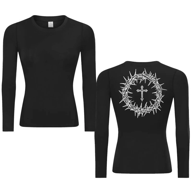

Cross Print Compression Shirt for Women Spring Autumn Gym Workout Quick Dry Tees Athletic Yoga Running Crewneck Long Sleeve Tops
