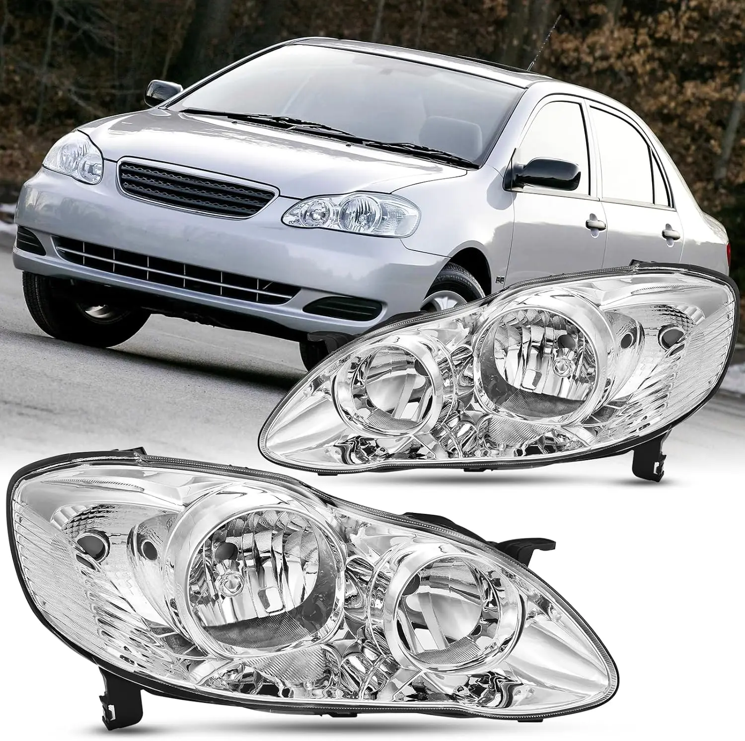 2-Piece Headlight Assembly Set - Chrome Housing with Clear Reflector and Lens - Compatible with 2003-2008 Corolla CE LE S - Driv