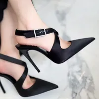Korean Style Women's High Heels Spring 2024 Cross Lacing Back Open Single Shoes 8CM Pointed Tip Fashionable Sandals Polyurethane