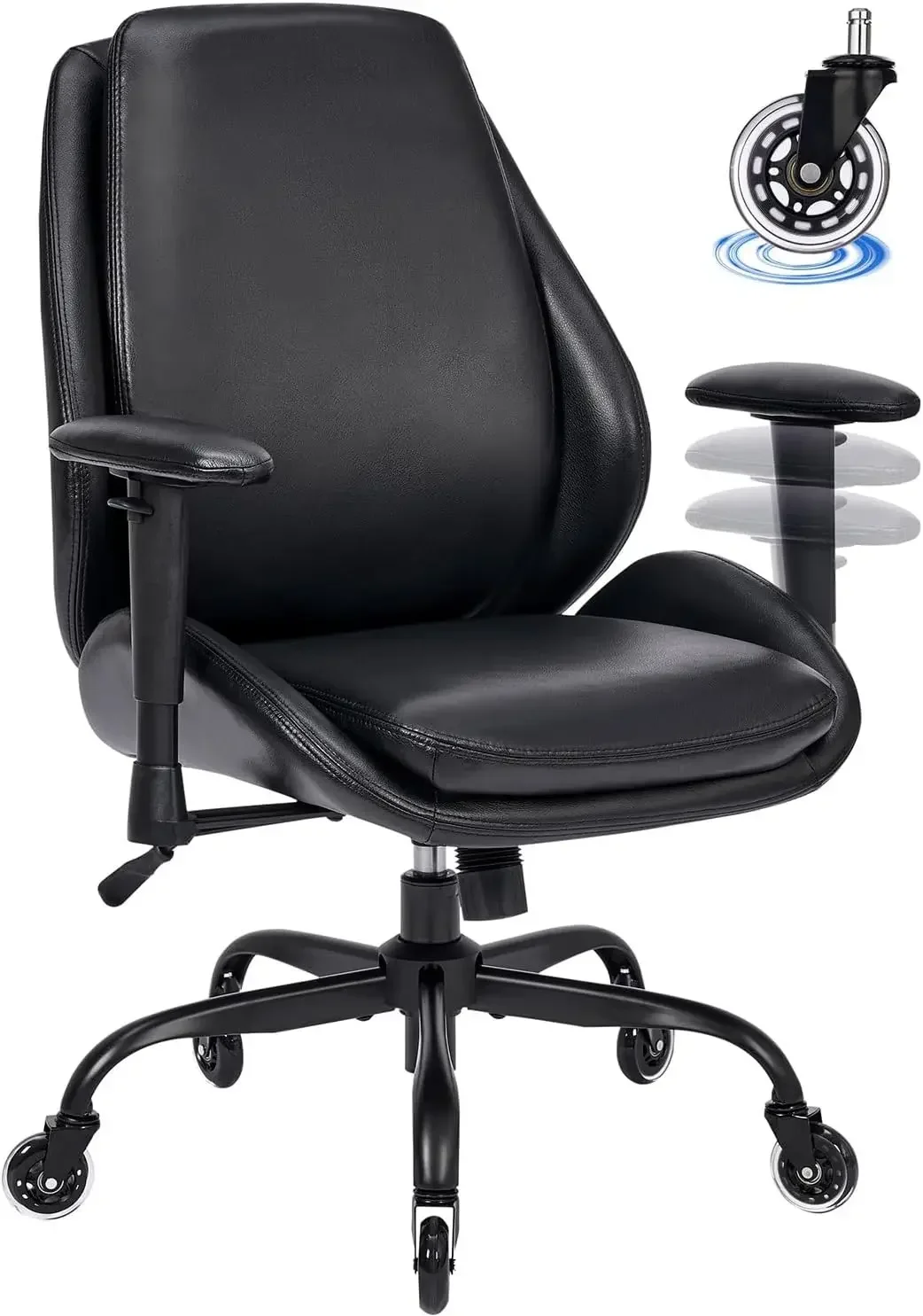 Office Chair with Rubber Wheels, Big and Tall Office Chair, Ergonomic Office Chairs, Executive Desk Chair, Black PU Leather Comp