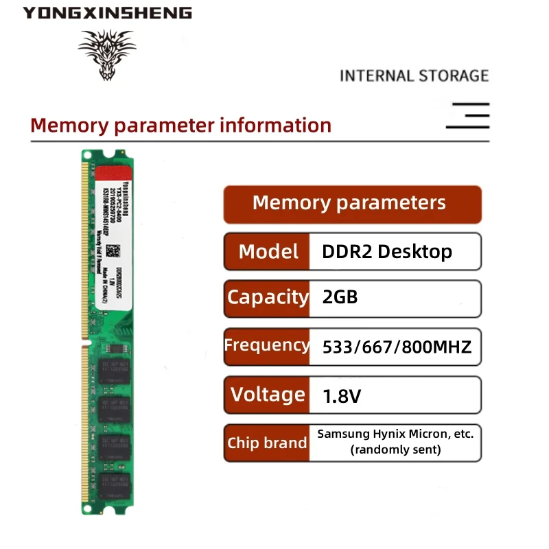 Ensemble de 4 pièces DDR2 2 Go 800Mhz PC2-6400 DIMM PC de bureau RAM 240 broches 1.8V NON ECC 2jas8 2 côtés, 8 puces par côté, 2 Go DDR2