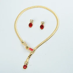 ICEYY RED Crystal snake Flat Chain Glass Pendant Necklace Earrings Jewelry Set for Women Party Gifts