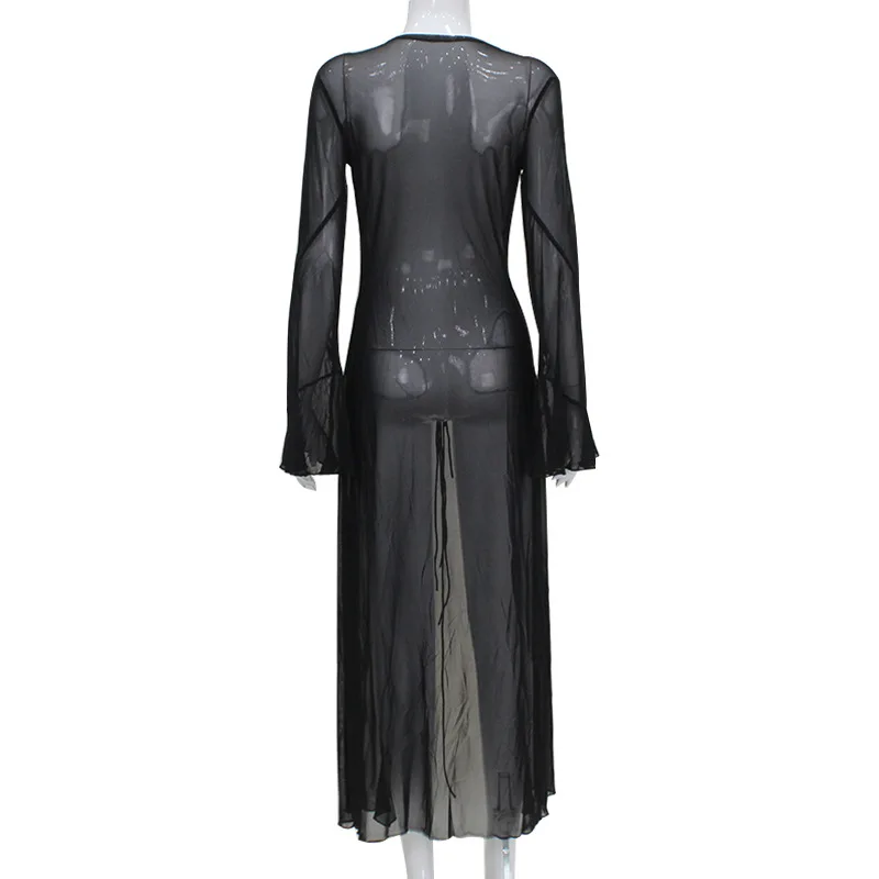 Cárdigan transparente de malla para mujer, vestido largo con cordones y borde de hongo, estilo Spice Girl, moda urbana, primavera 2026