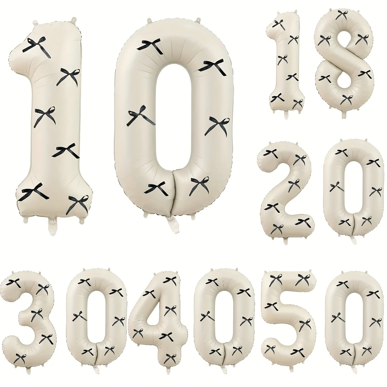 15pcs 32-Inch Cream White Number and Bow Balloon Set - Includes 32-Inch Cream White Numbers 10/18/20/30/40/50, 12 Black Bow
