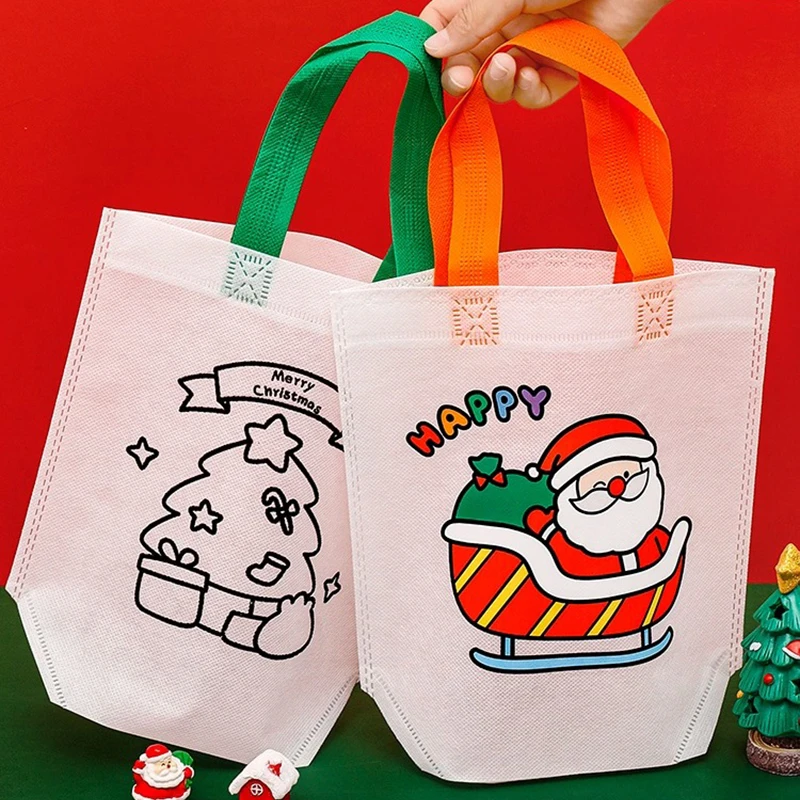 TETP 50Pcs Christmas DIY Non-woven Tote Bag Handmade Painting Santa Claus Gift Packaging For Children Arts Crafts Color Filling