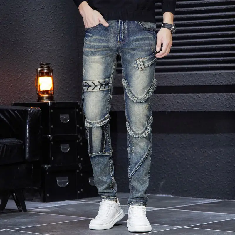 2023 Fashion Brand Embroidery Zipper Ragged Edge Panel Men\'s Jeans Retro Wearing Rope Korean Version Retro demin jeans