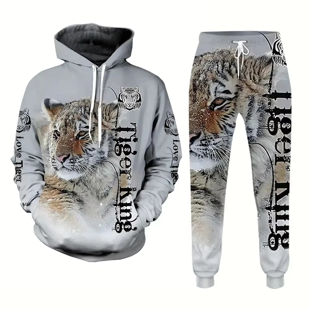 New Autumn Men Hoodie Set 3D Printed Animal Tiger Casual Sportswear HipHop Streetwear Fashion Cool Jogging Long Sleeve Oversized