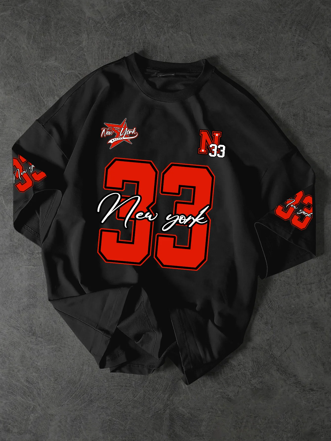 Men Summer Fashion Printed T-Shirt New York 33 Varsity Style Chest & Sleeve Print Machine Washable S-XXL