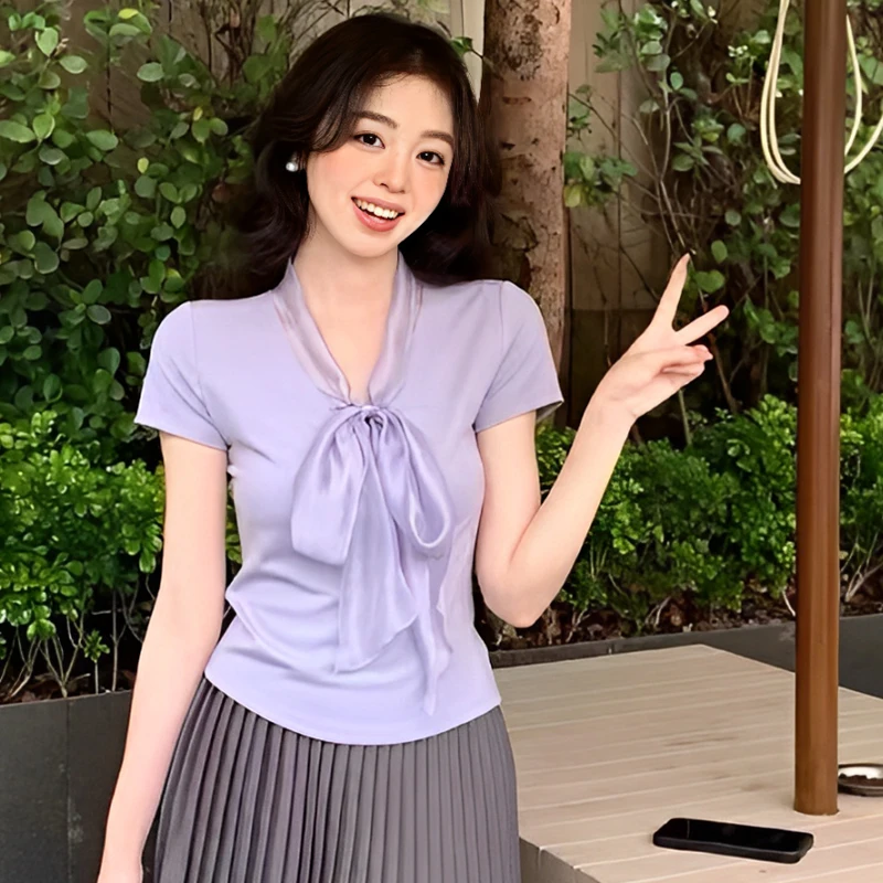 

Summer Fashion Casual Ribbon Slim Fit Knitted Short-Sleeved Top T-Shirt For Women