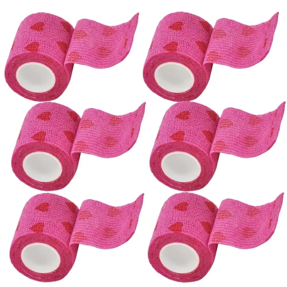 1/6/10Pcs  Red love heart  Printed Self Adhesive Elastic Bandage 4.8m Sports Wrap Tape for Finger Joint Knee